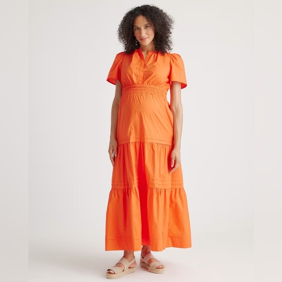 Quince 100% Organic Cotton Poplin Maternity Tiered Maxi Dress in Vermilion Red - Picture 1 of 5